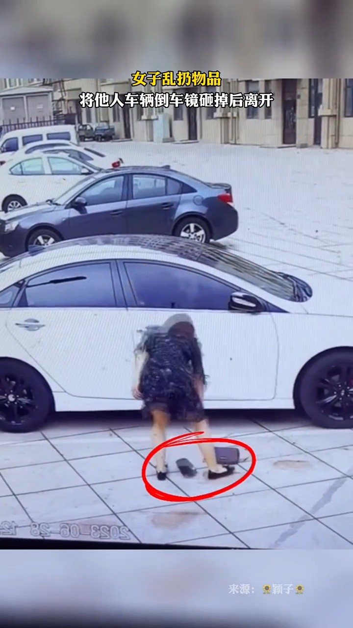 女子乱扔物品将他人车辆倒车镜砸掉后离开。来源：颖子