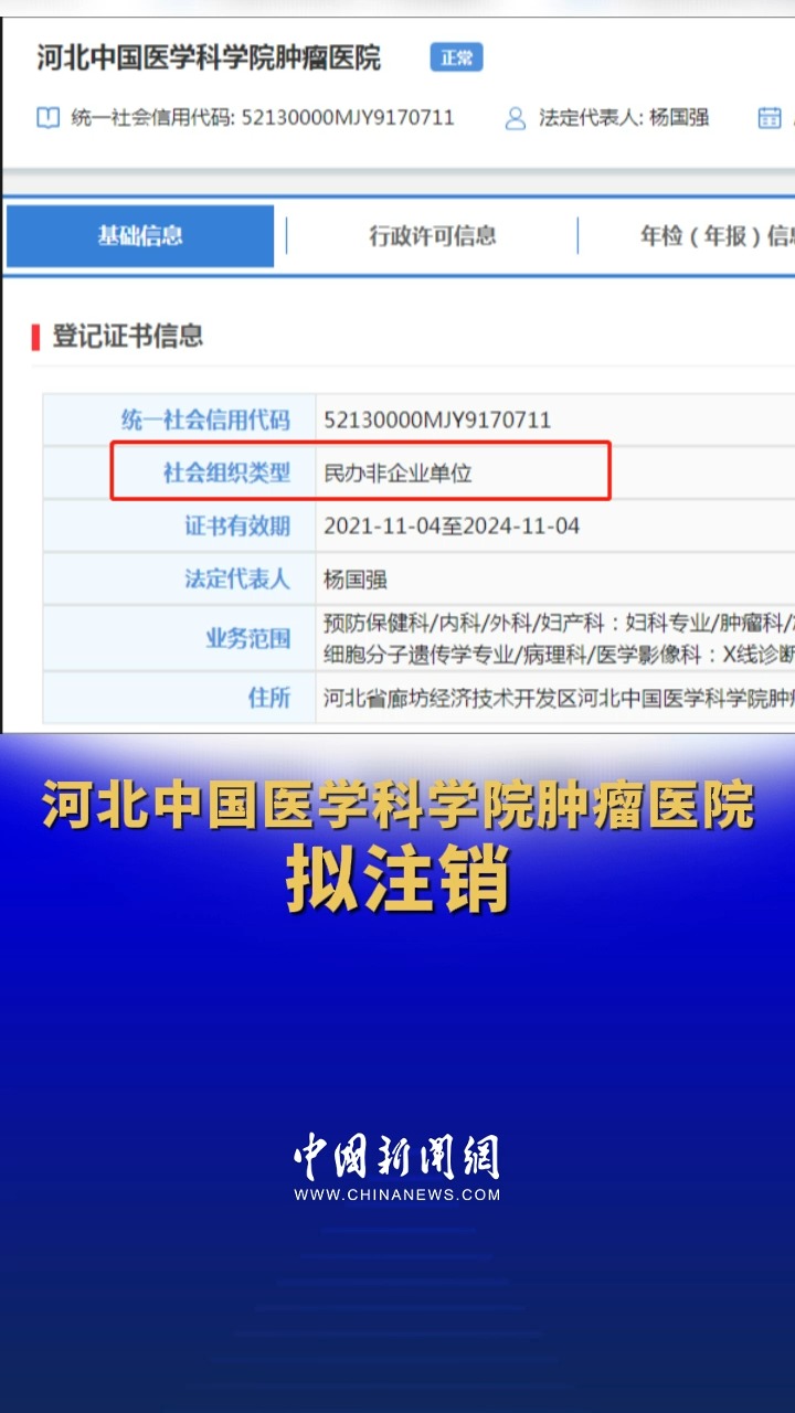 河北中国医学科学院肿瘤医院拟注销 