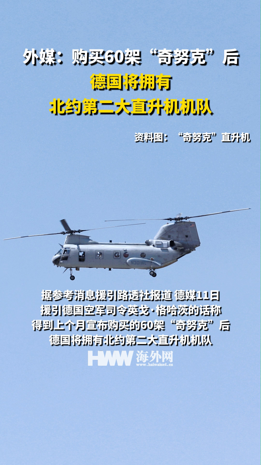 外媒:购买60架“奇努克”后,德国将拥有北约第二大直升机机队
