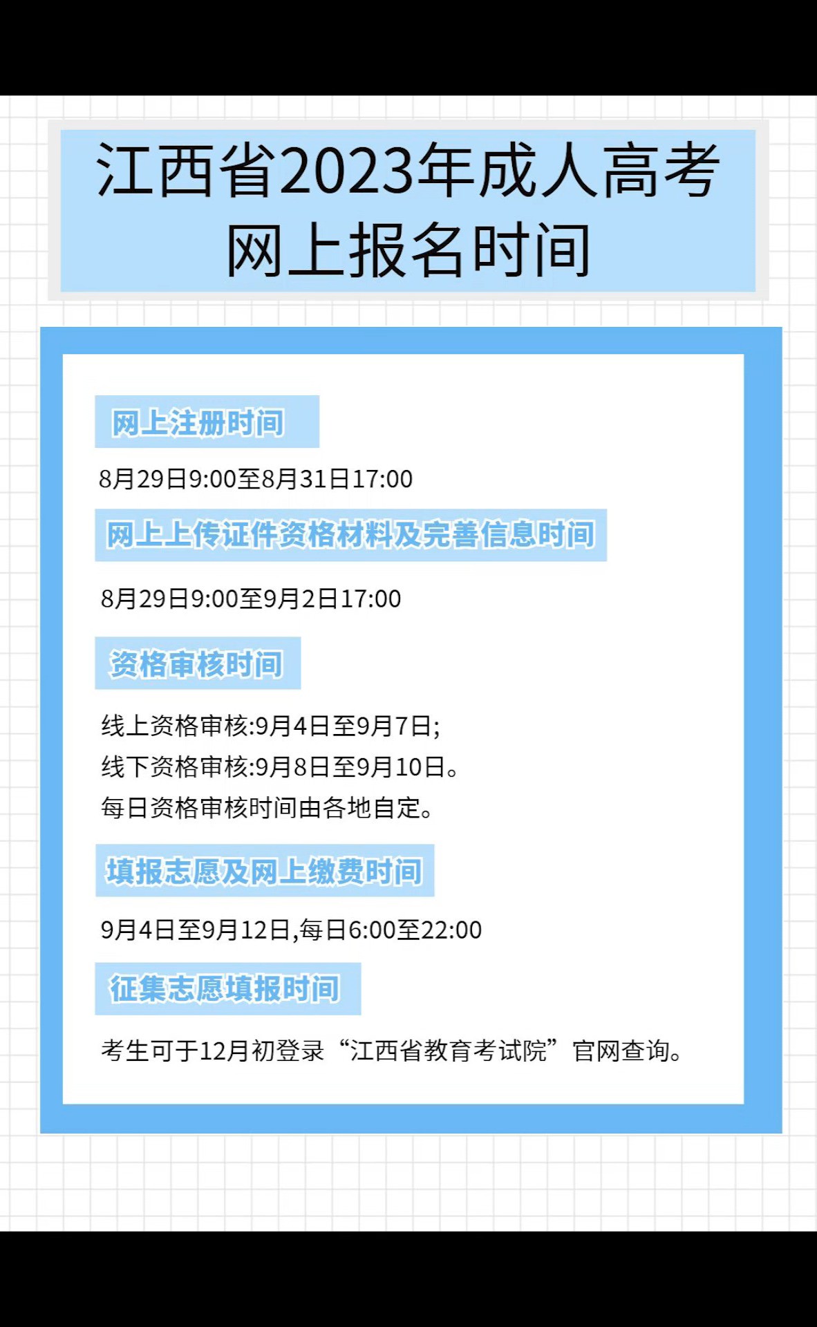 1.网上注册时间:8月29日9:00至8月31日17:00 2.网上上传证件资格材料及完善信息时间:8月29日9:00至9月2日17:00 3.资格审核时间 线上资格审核:9月4...