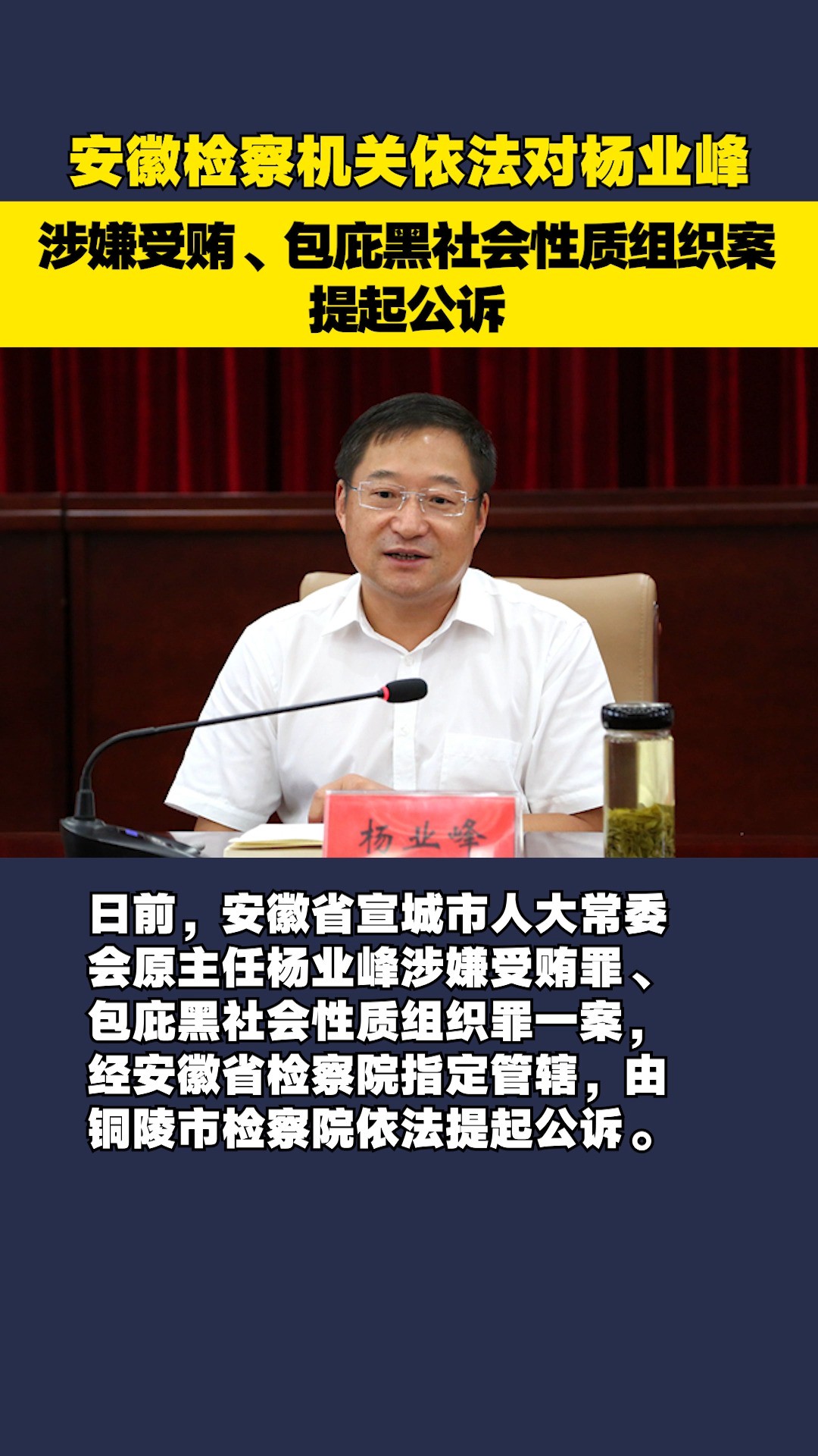 安徽检察机关依法对杨业峰涉嫌受贿、包庇黑社会性质组织案提起公诉