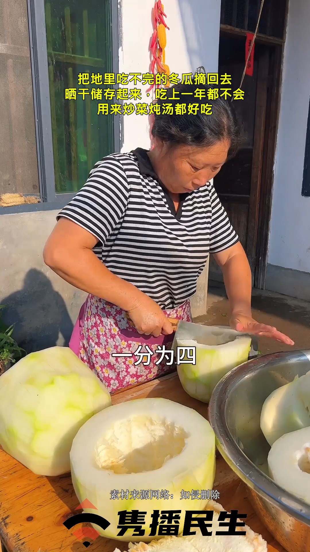 把地里吃不完的冬瓜摘回去,晒干储存起来,吃上一年都不会坏,用来炒菜炖汤都好吃.