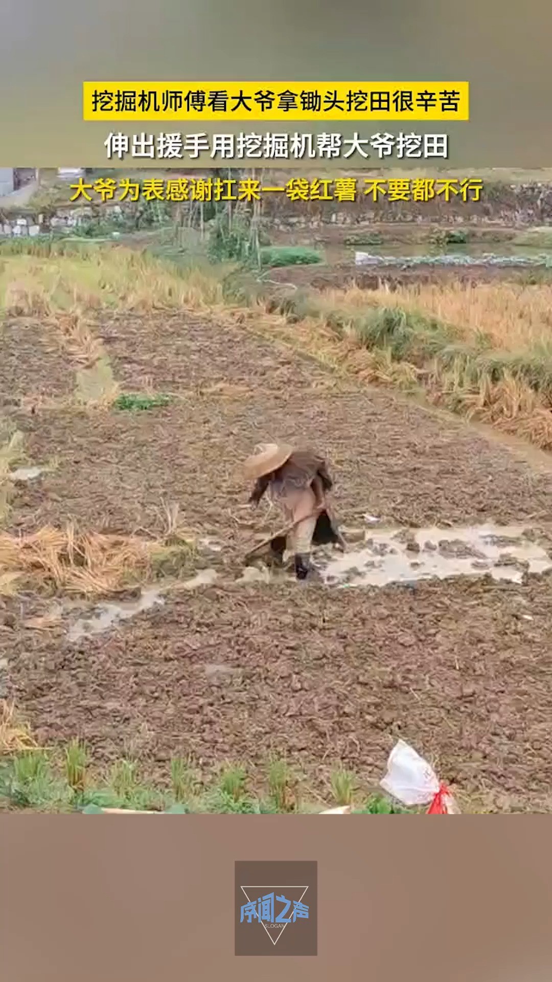 挖掘机师傅看大爷拿锄头挖田很辛苦,伸出援手用挖掘机帮大爷挖田