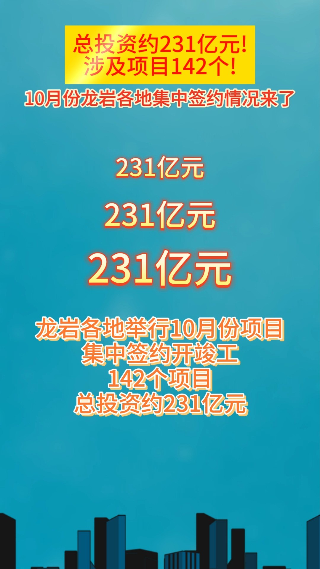 总投资约231亿元!涉及项目142个!10月份龙岩各地集中签约情况来了 #龙岩#龙岩头条#项目签约开竣工#生活处处有妙招 