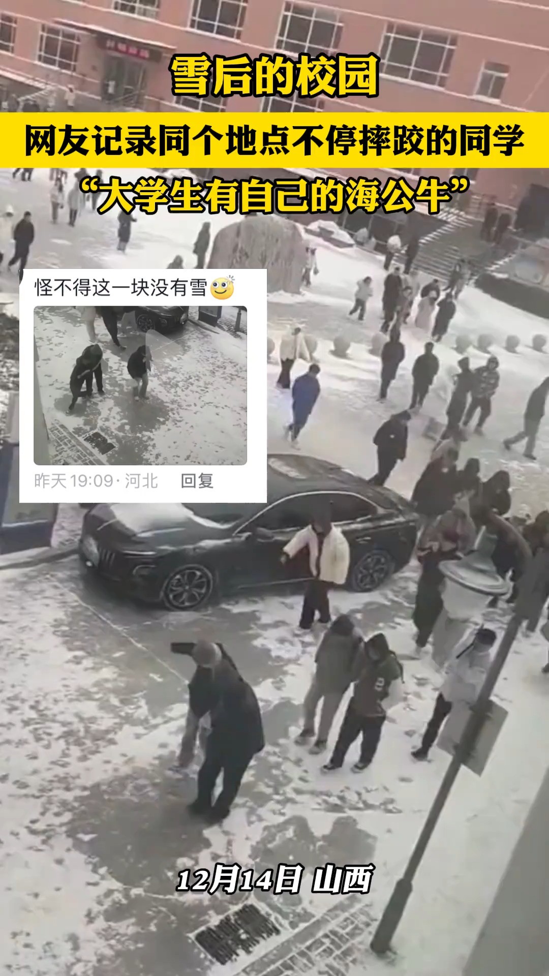 雪后的校园 网友记录同个地点不停摔跤的同学 “大学生有自己的海公牛”