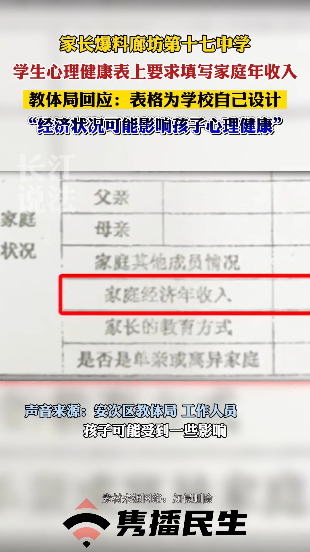 教体局回应心理健康表要求学生填家庭收入:经济状况可能影响孩子心理健康,自愿填写不强制.