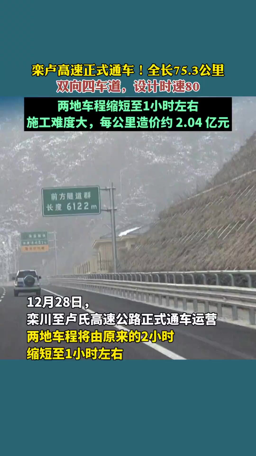 栾卢高速正式通车!全长75.3公里,双向四车道,设计时速80!两地车程缩短至1小时左右,施工难度大,每公里造价约 2.04 亿元!