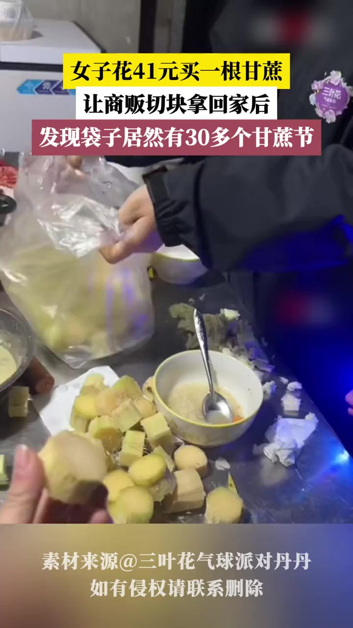 女子花41元买一根甘蔗,回家后发现袋子居然有30多个甘蔗节!(素材来源:三叶花气球派对丹丹 抖音号:CH070793)