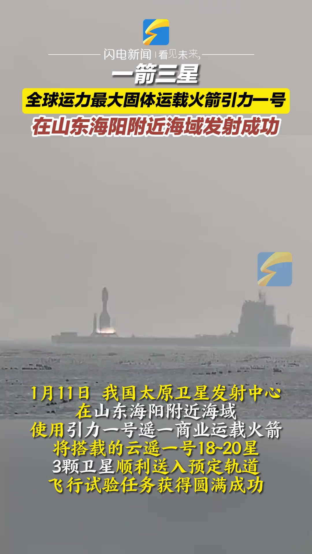 1月11日,我国太原卫星发射中心在山东海阳附近海域使用引力一号遥一商业运载火箭,将搭载的云遥一号18~20星3颗卫星顺利送入预定轨道.引力一号运载...