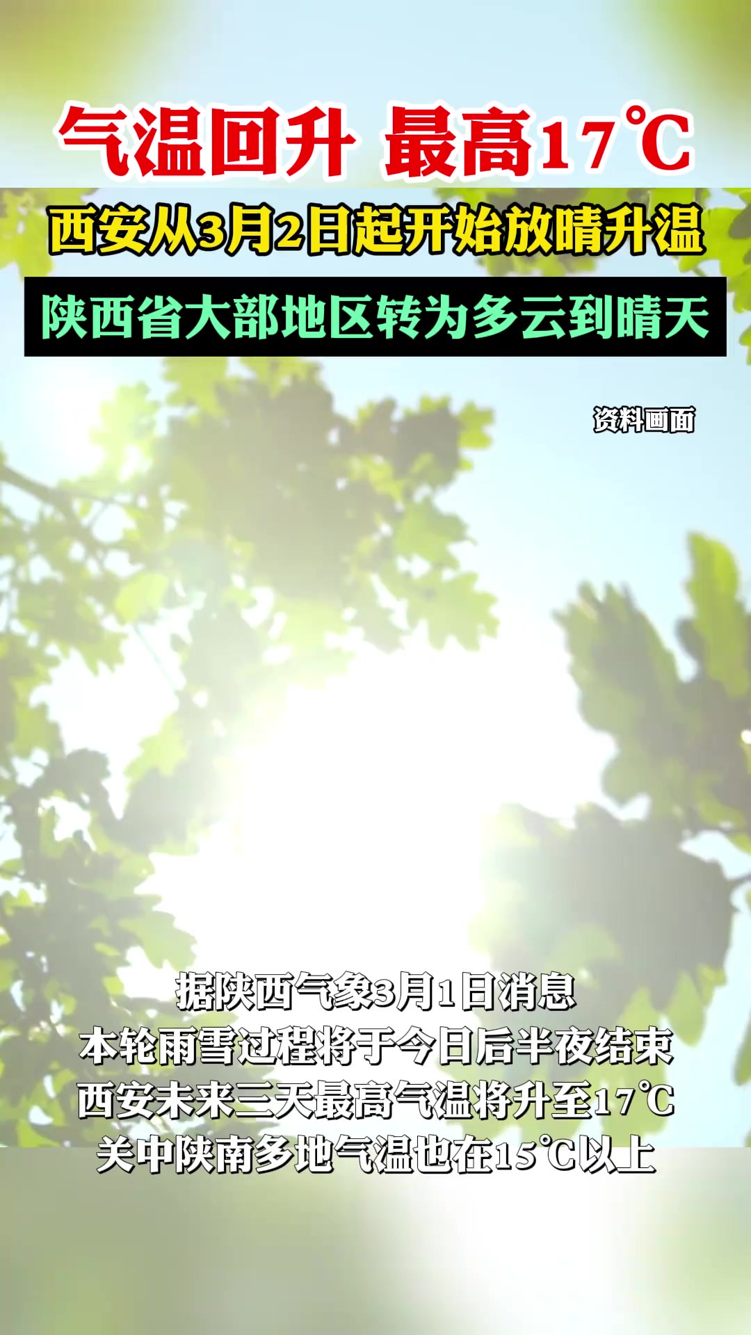 气温回升 最高17℃,西安从3月2日起开始放晴升温,陕西省大部地区转为多云到晴天