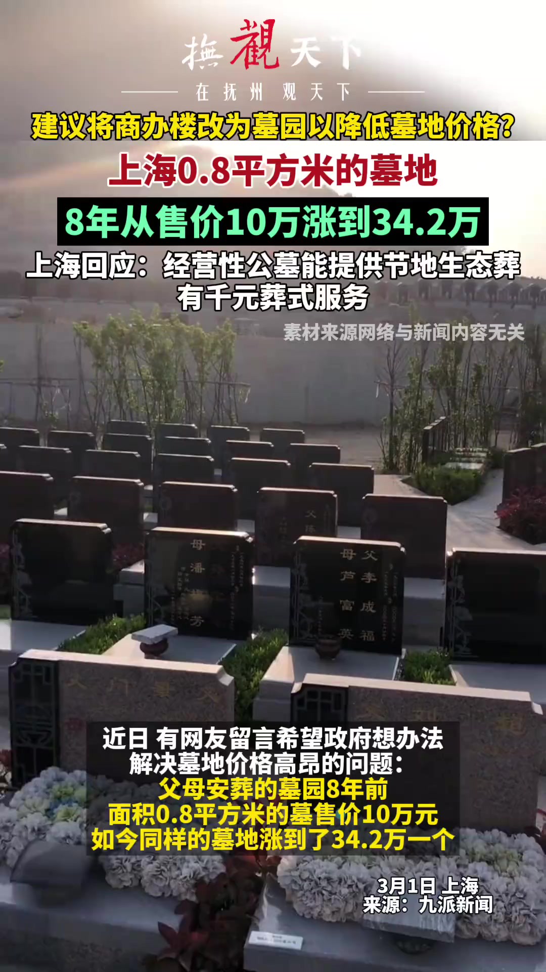 3月1日,上海0.8平方米的墓地,8年从售价10万涨到34.2万,上海回应:经营性公墓能提供节地生态葬 有千元葬式服务