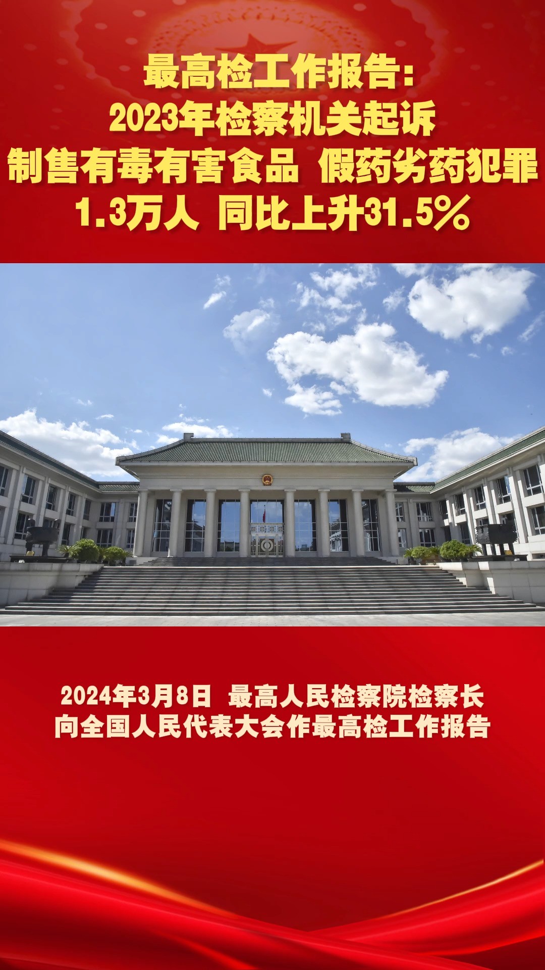 最高检工作报告:2023年检察机关起诉制售有毒有害食品、假药劣药犯罪1.3万人,同比上升31.5%#最高检工作报告 #2024全国两会 #两会看检察