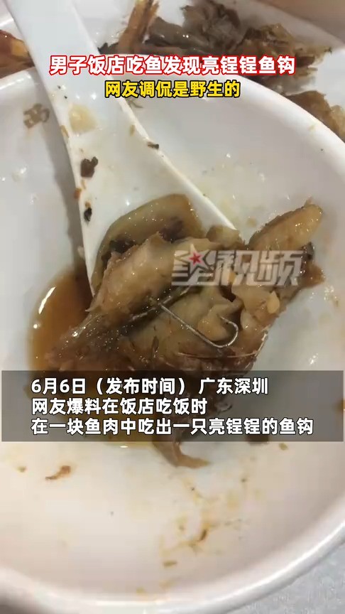 男子称在饭店吃饭时,夹起鱼肉发现亮锃锃鱼钩,网友调侃是野生的