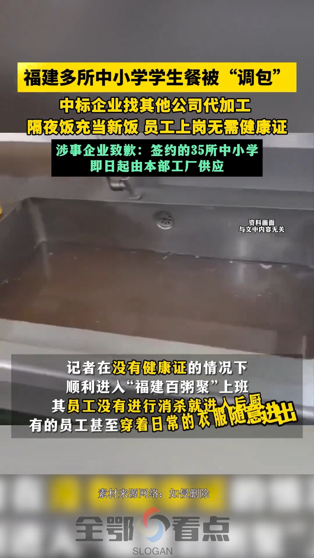 福建多所中小学学生餐被“调包”:中标企业找其他公司代加工 ,隔夜饭充当新饭,卫生状况堪忧.3月16日,涉事企业致歉