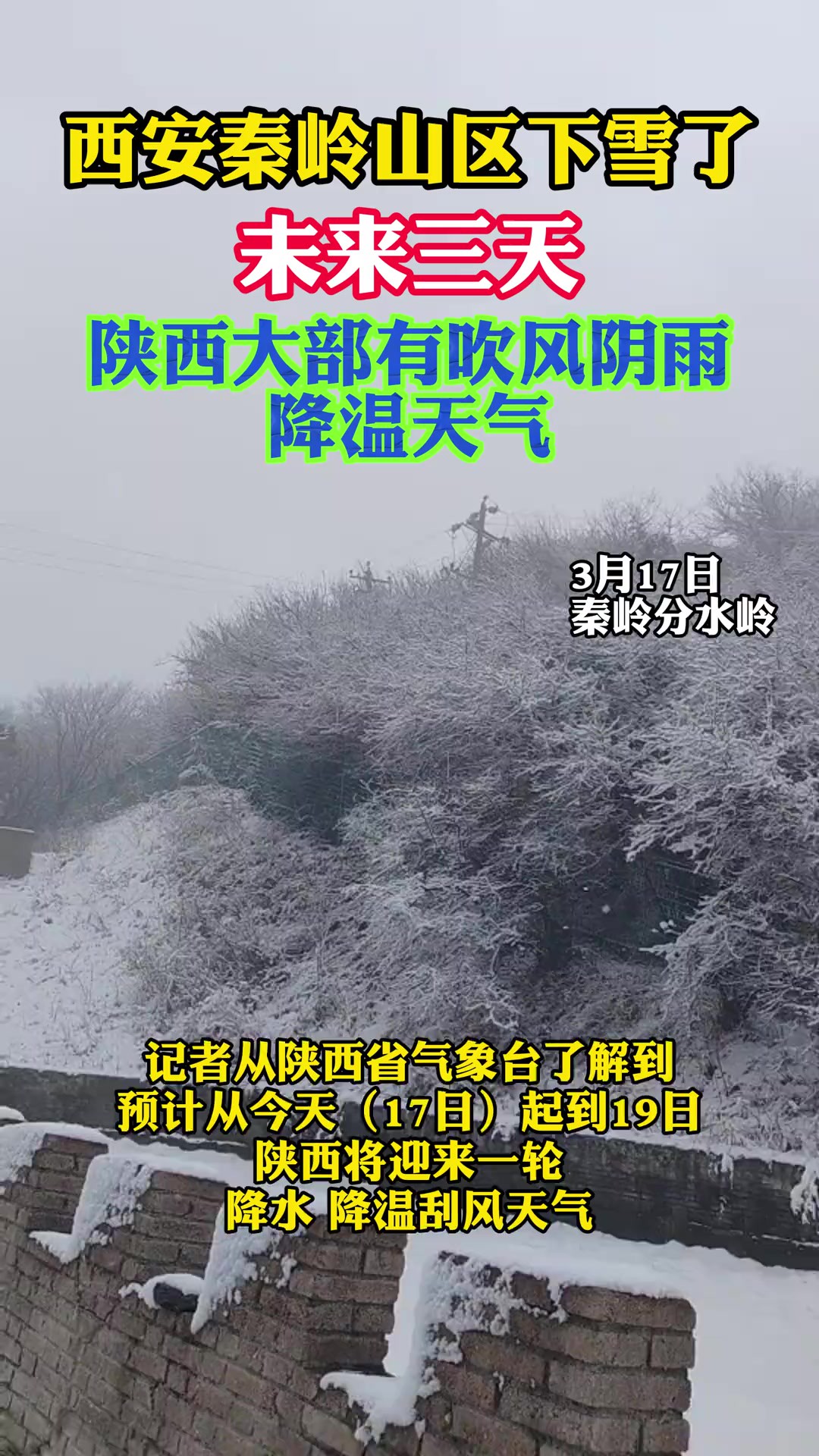 今天西安秦岭山区下雪了!未来三天,陕西大部有吹风阴雨降温天气