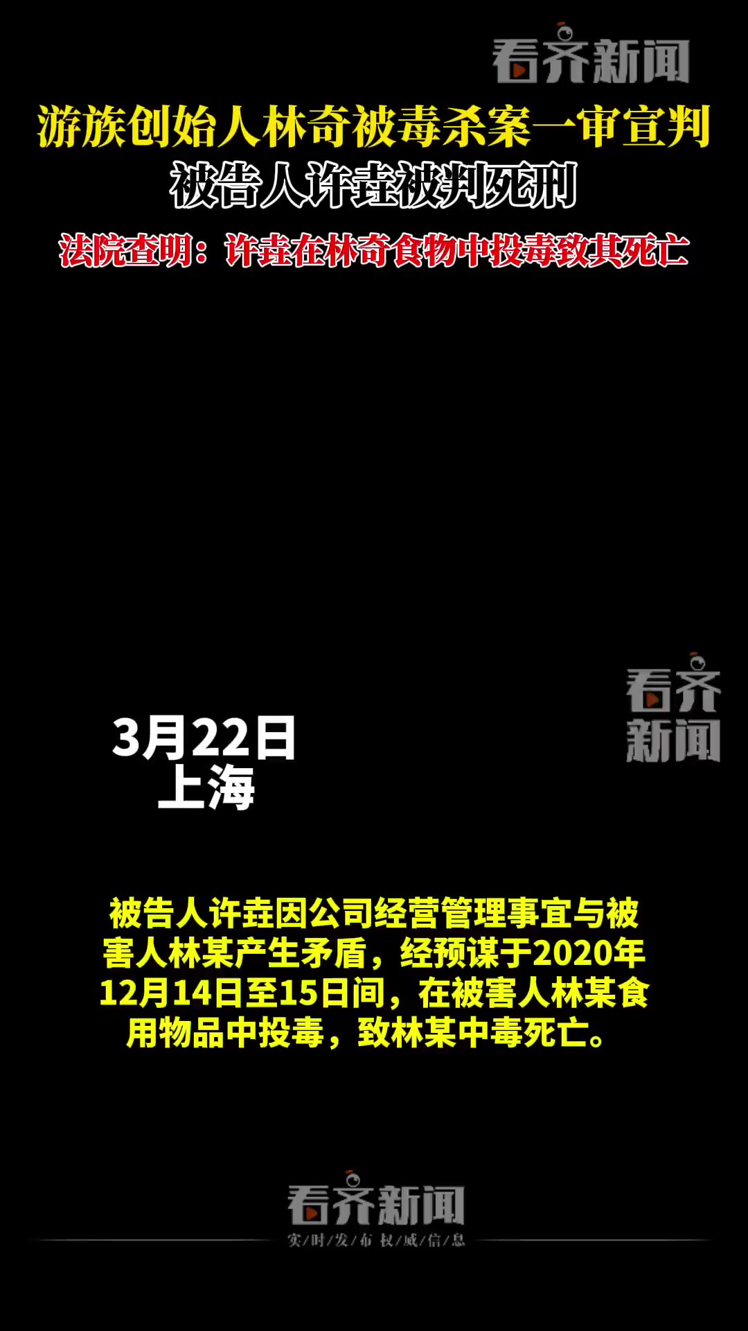 游族创始人林奇被毒杀案一审宣判被告人许垚被判死刑法院查明:许垚在林奇食物中投毒致其死亡还曾在多人饮品中投毒致4人中毒