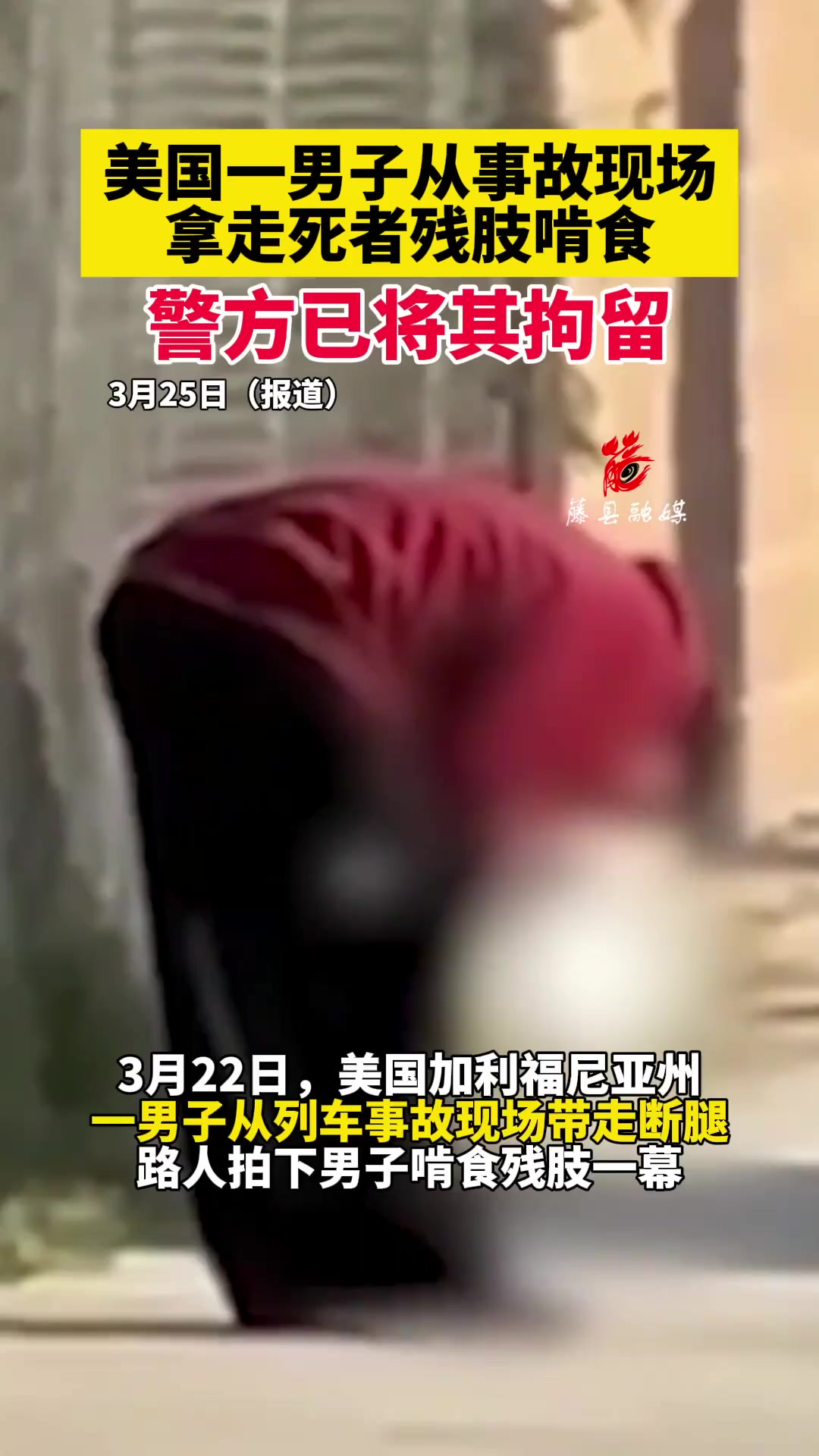 美国一男子从事故现场盗走死者残肢啃食.