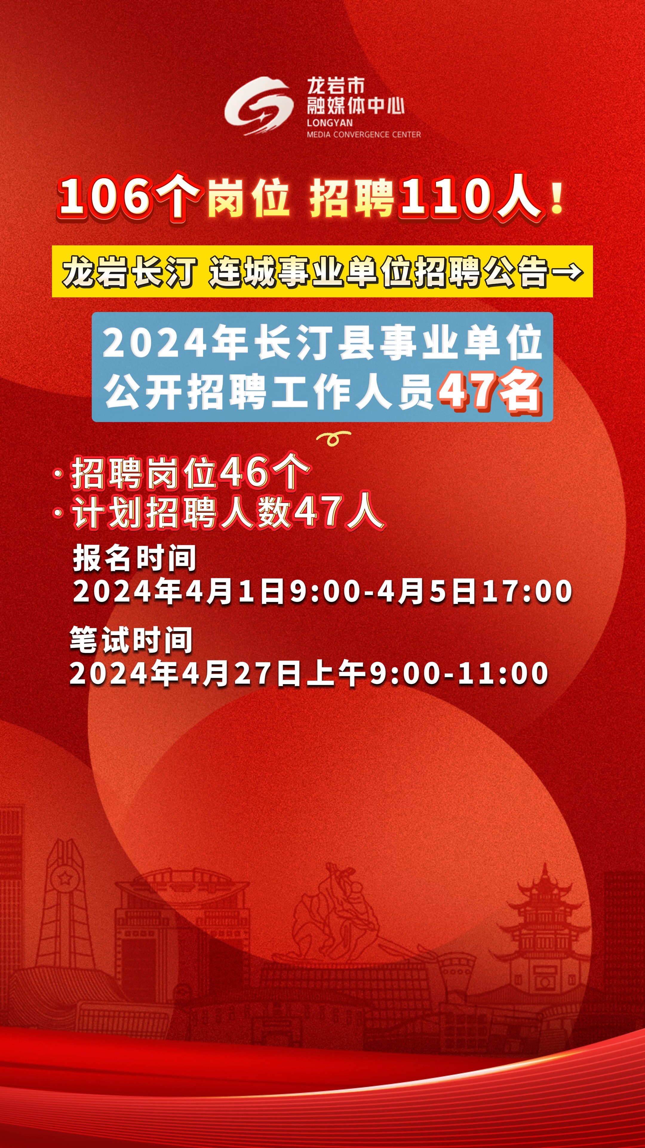 106个岗位,招聘110人!龙岩长汀、连城事业单位招聘公告→ 