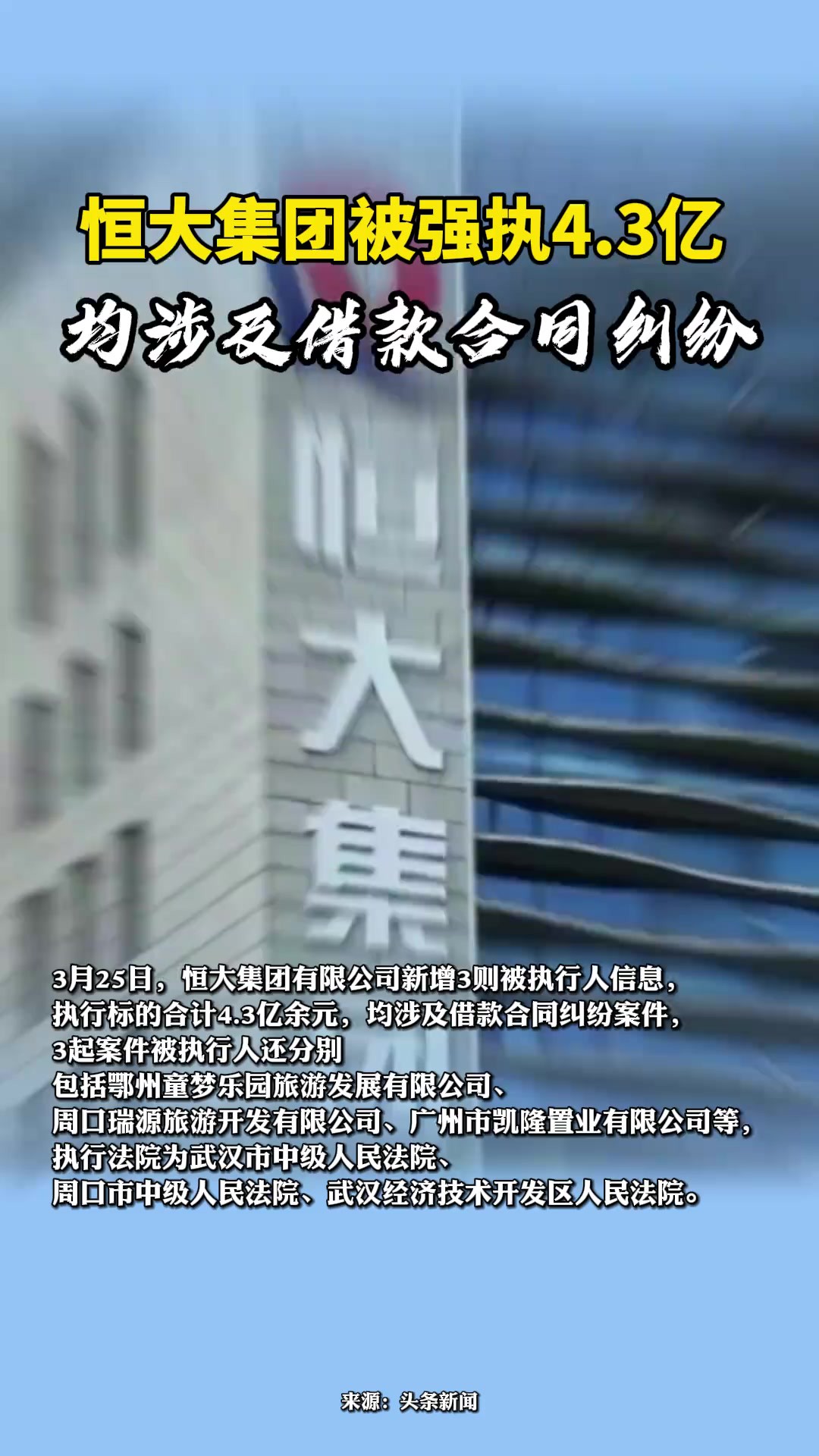 恒大集团被强执4.3亿 均涉及借款合同纠纷