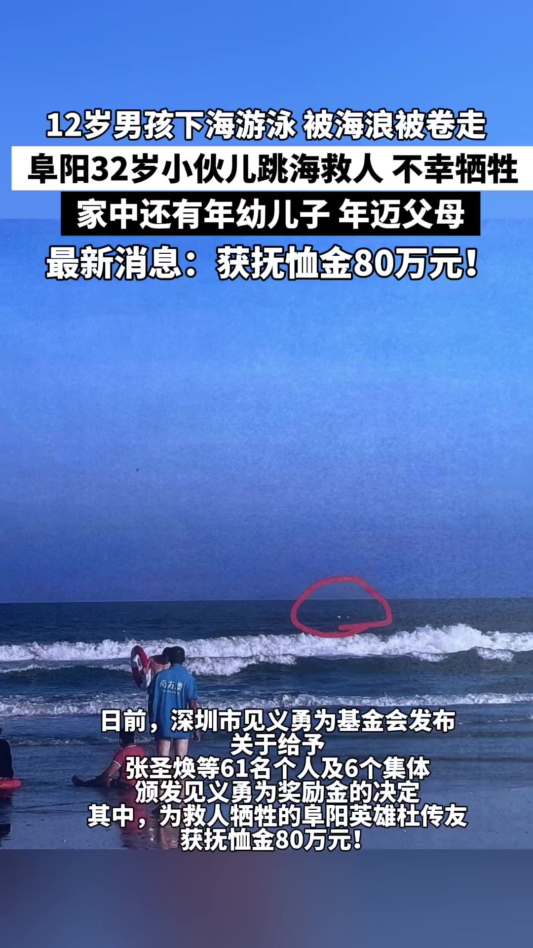 12岁男孩下海游泳被海浪被卷走,阜阳32岁小伙儿跳海救人,不幸牺牲.家中还有年幼儿子,年迈父母……最新消息:获抚恤金80万元!