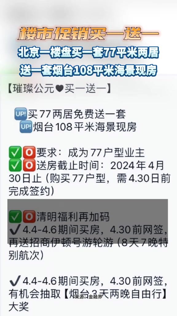 楼市促销买一送一 北京一楼盘买一套77平米两居 送一套烟台108平米海景现房