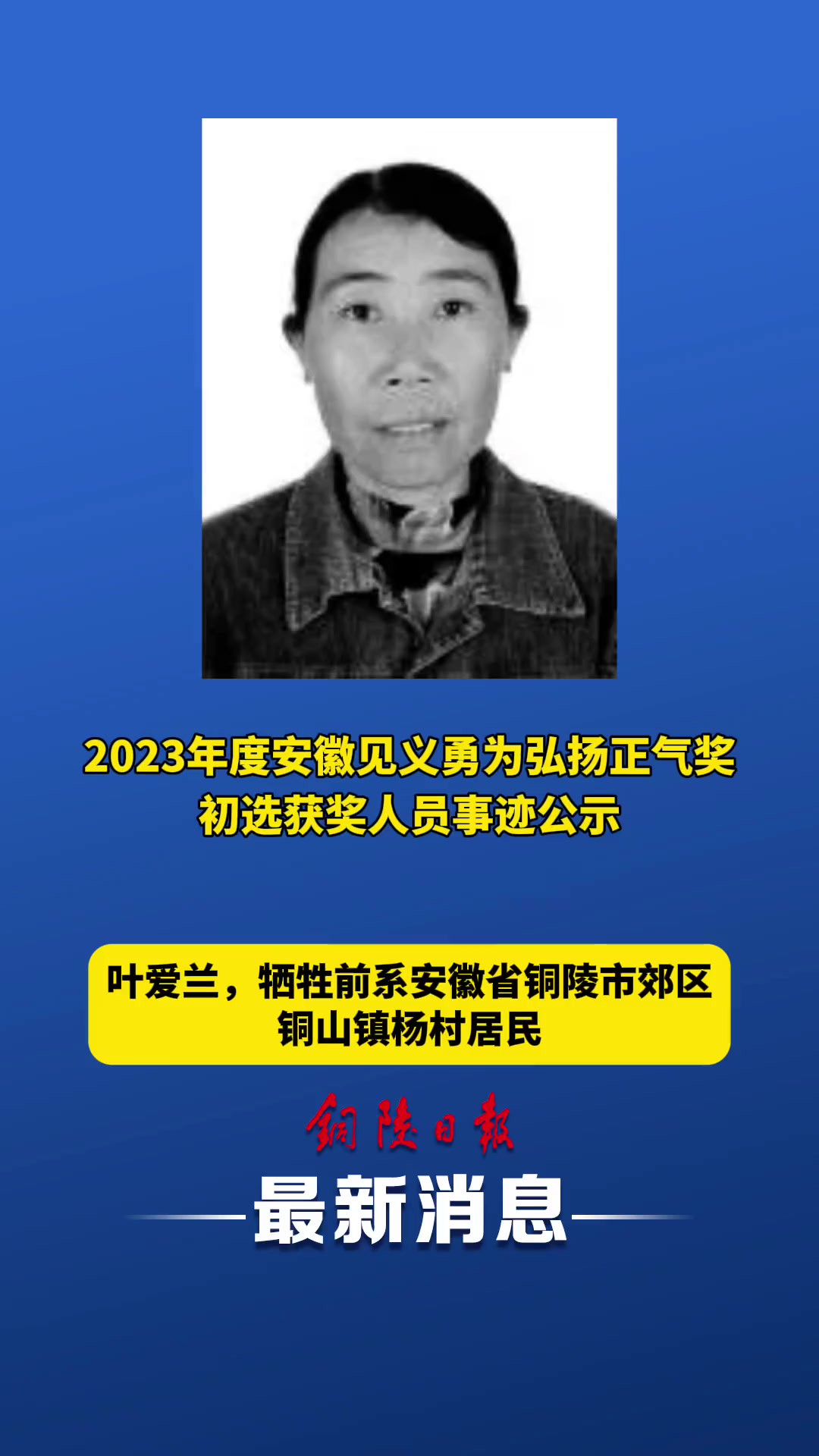 安徽省见义勇为弘扬正气奖初选获奖人员事迹公示,叶爱兰入选一等奖候选