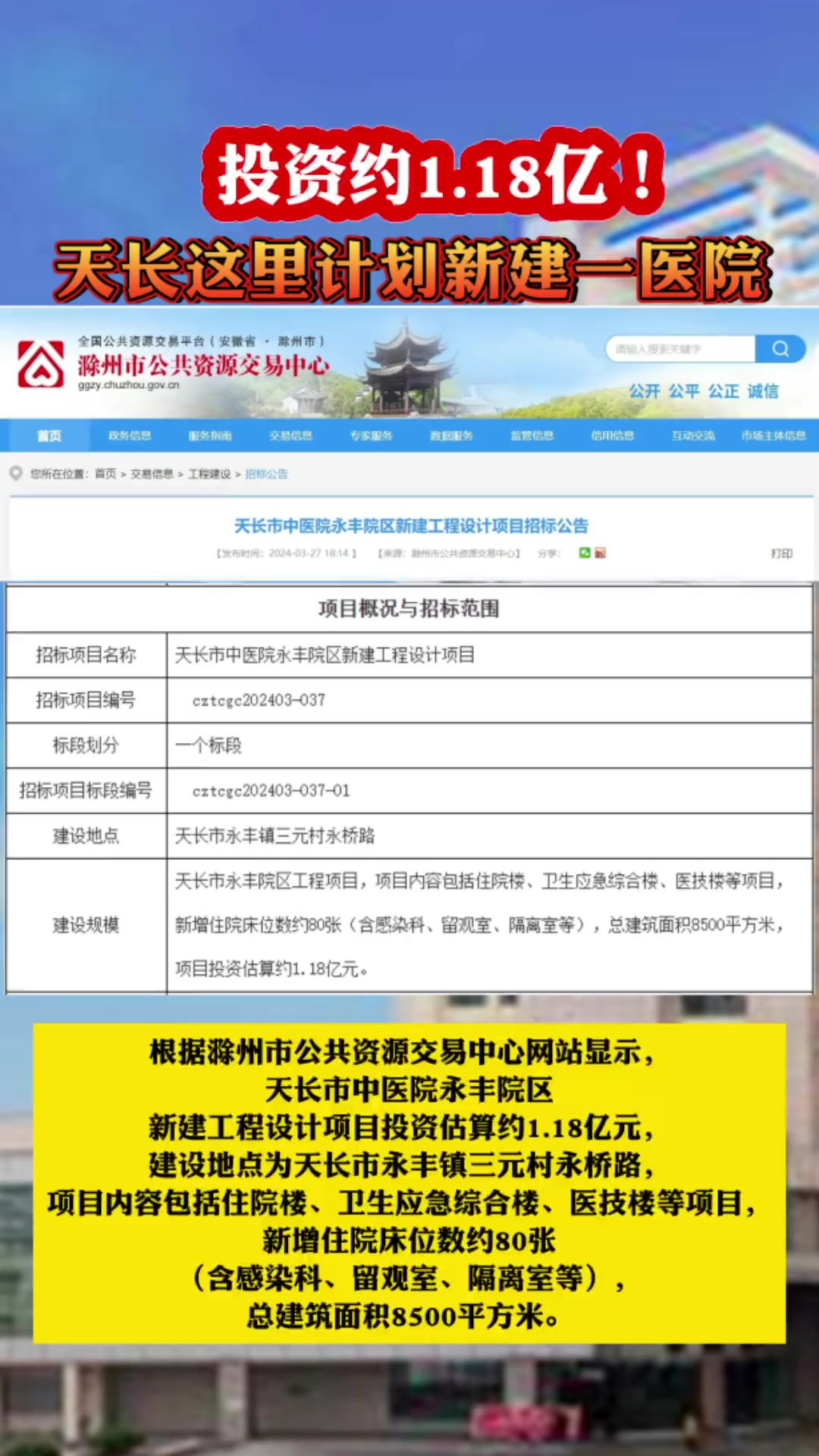 投资约1.18亿!天长这里计划新建一医院!