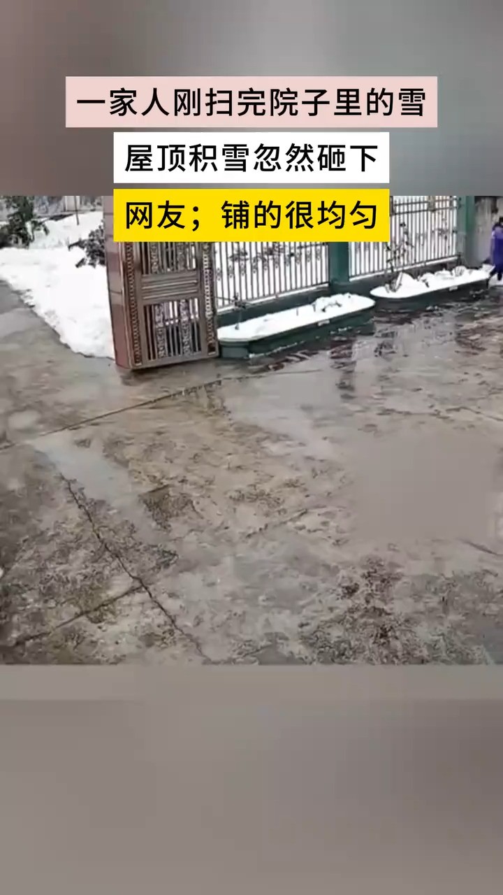 一家人刚扫完院子里的雪屋顶积雪忽然砸下网友,铺的很均匀