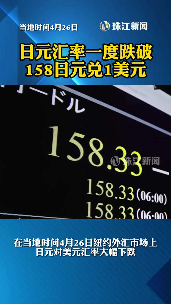 当地时间4月26日,纽约外汇市场上,日元汇率一度跌破158日元兑1美元.