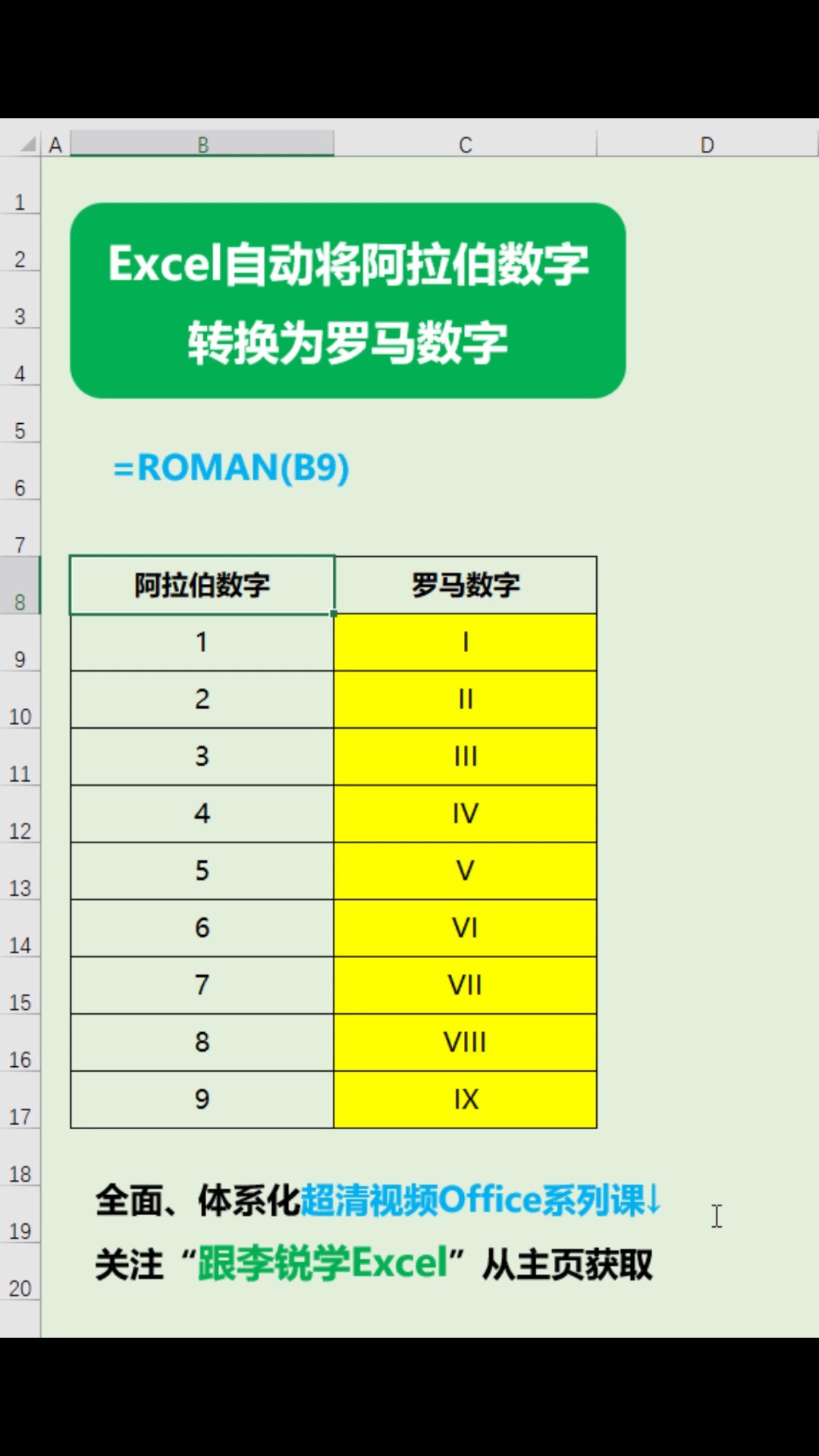 Excel自动将阿拉伯数字转换为罗马数字