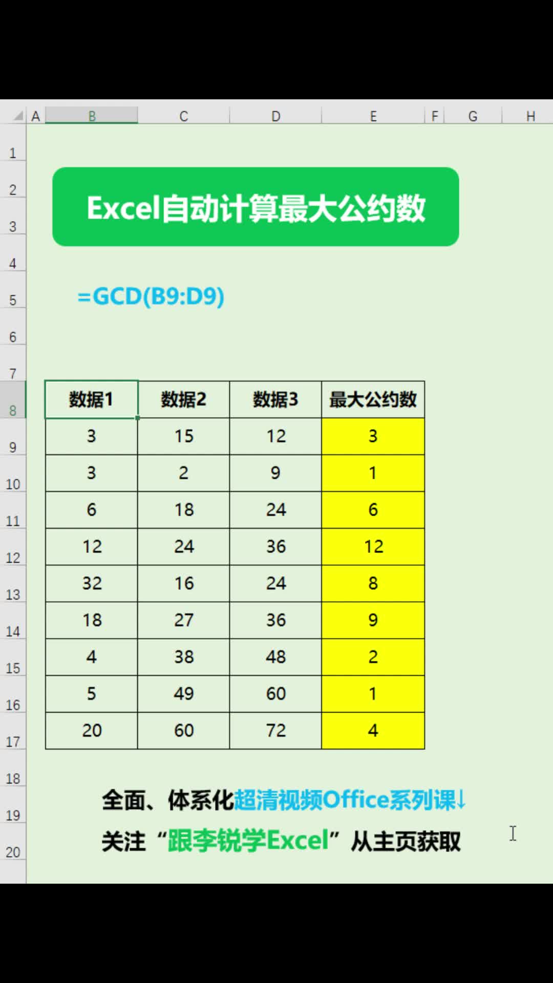 Excel自动计算最大公约数#office #职场办公 #Excel #数据分析 #Excel函数 