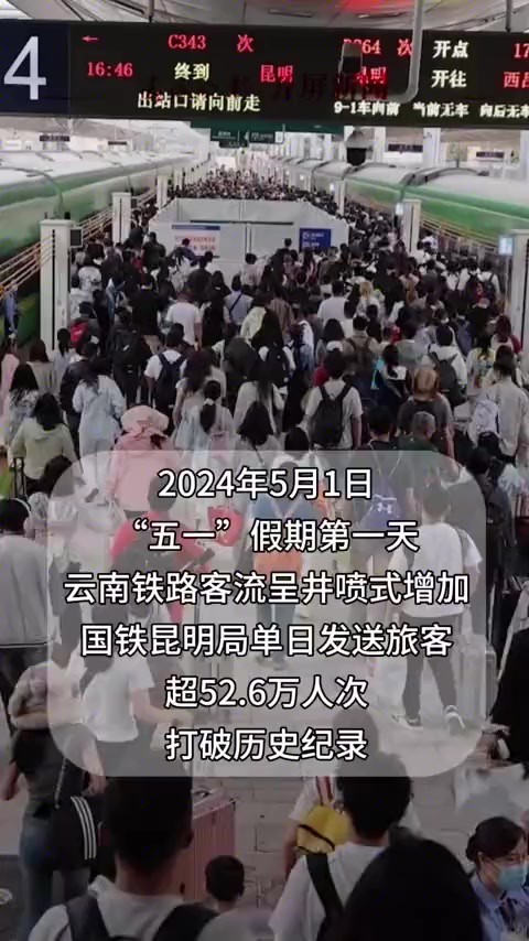 5月1日,云南铁路客流呈井喷式增加,国铁昆明局单日发送旅客超52.6万人次,打破历史纪录;其中,昆明站、昆明南站、玉溪站、普洱站、屏边站单日发送...