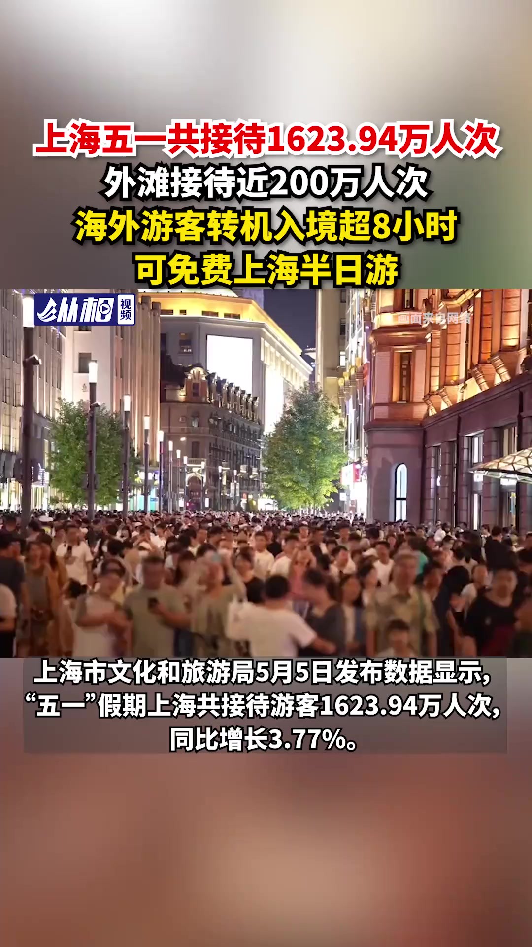 上海五一共接待1623.94万人次,外滩接待近200万人次,海外游客转机入境超8小时,可免费上海半日游