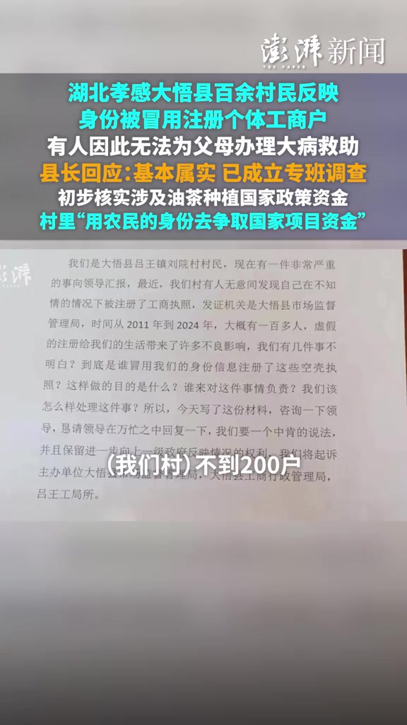 湖北孝感大悟县百余村民反映身份被冒用注册个体工商户,有人因此无法为父母办理大病救助,县长回应:基本属实,已成立专班调查,初步核实涉及到油茶...