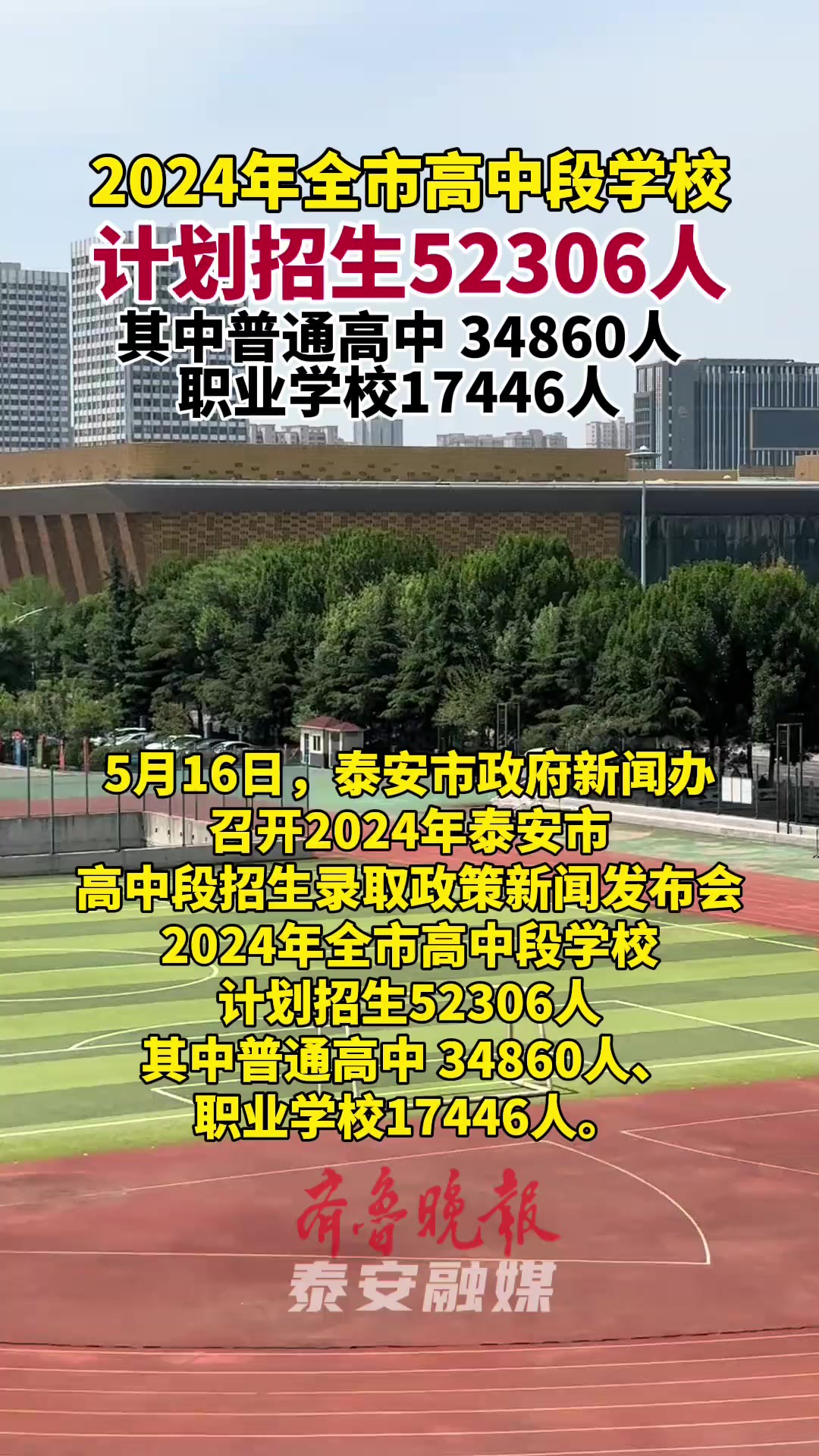 2024年泰安市高中段学校计划招生52306人