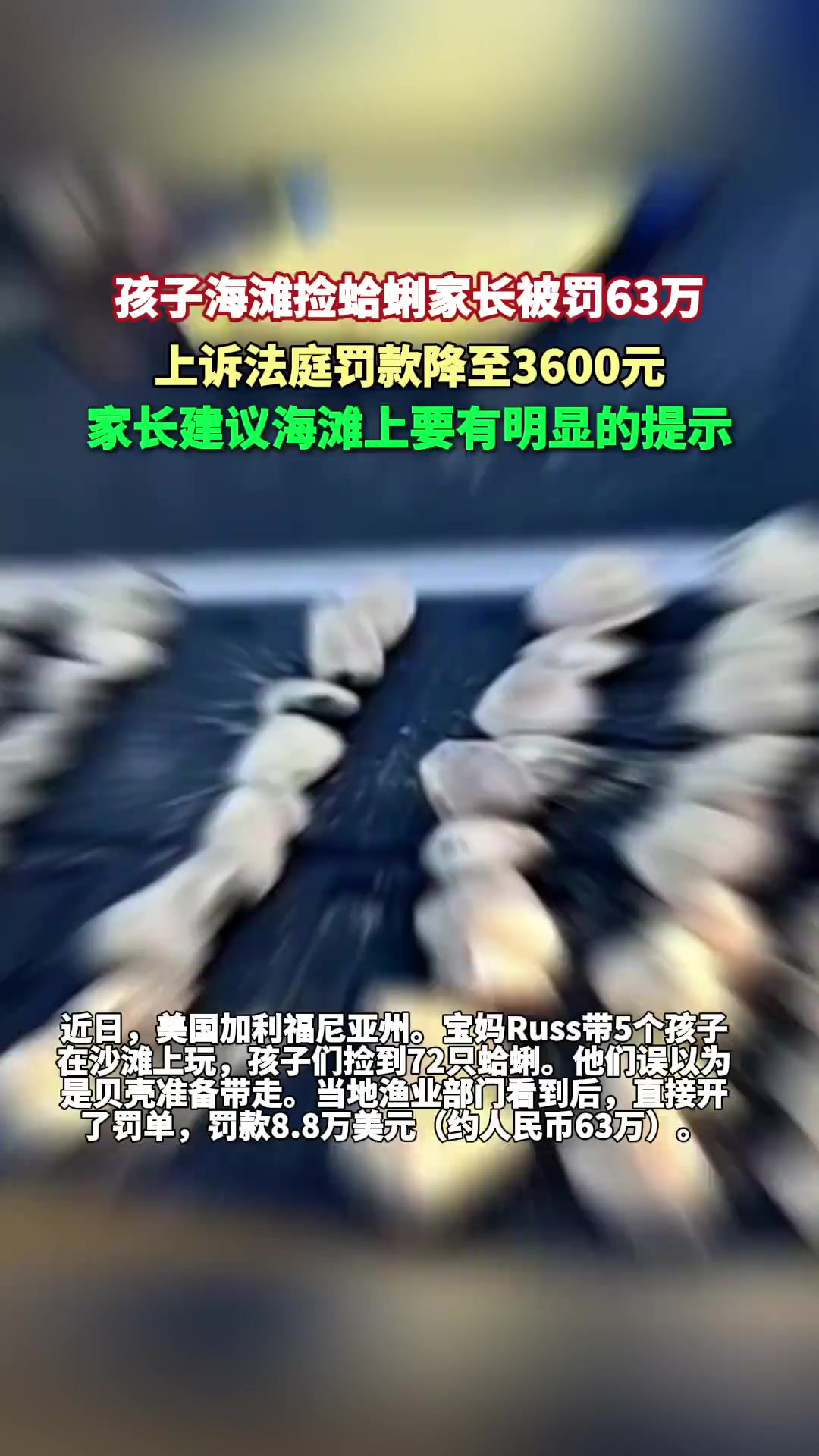 孩子海滩捡蛤蜊家长被罚63万,上诉法庭罚款降至3600元,家长建议海滩上要有明显的提示 来源:半岛晨报