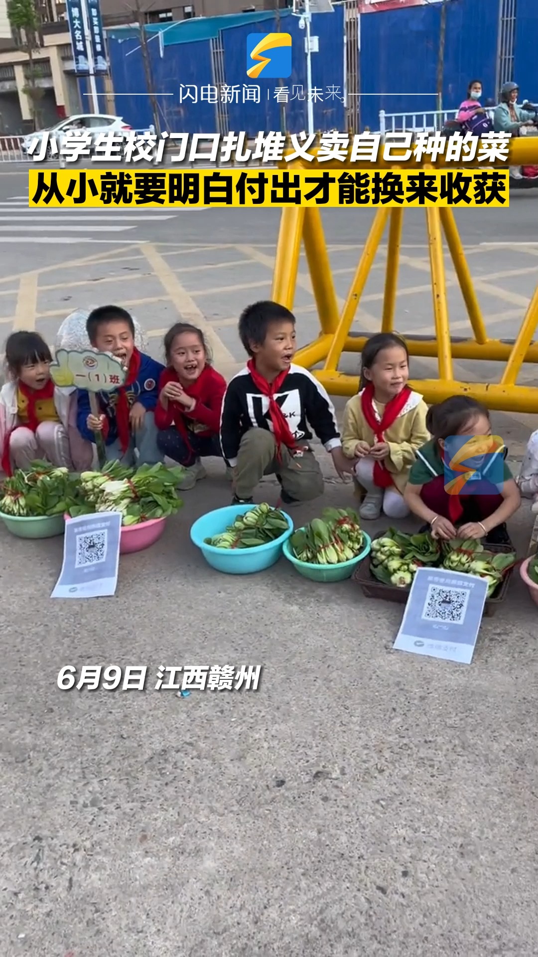 小学生校门口扎堆义卖自己种的菜 从小就要明白付出才能换来收获