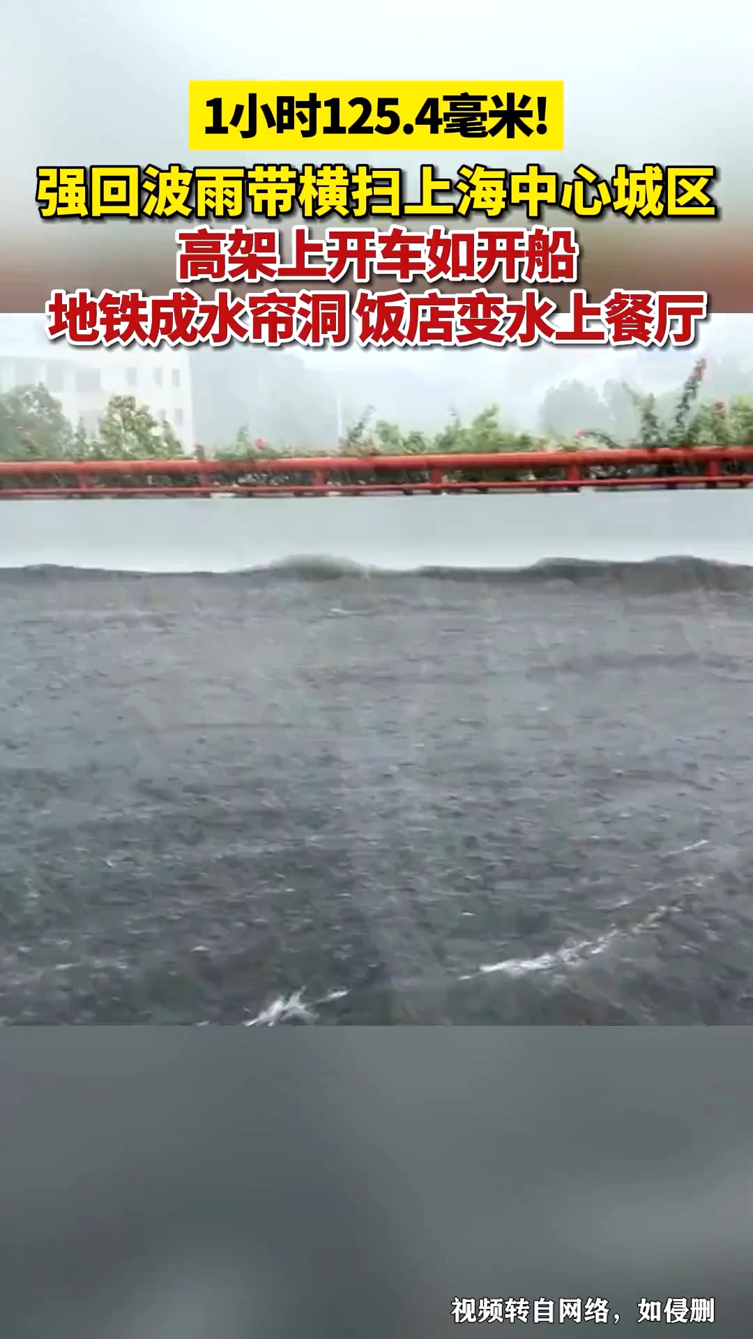 一条强回波雨带正在横扫上海市中心城区,1小时雨量最大出现在中心城区定海路街道125.4毫米(15时33分~16时33分).部分路段积水严重,高架上开车...