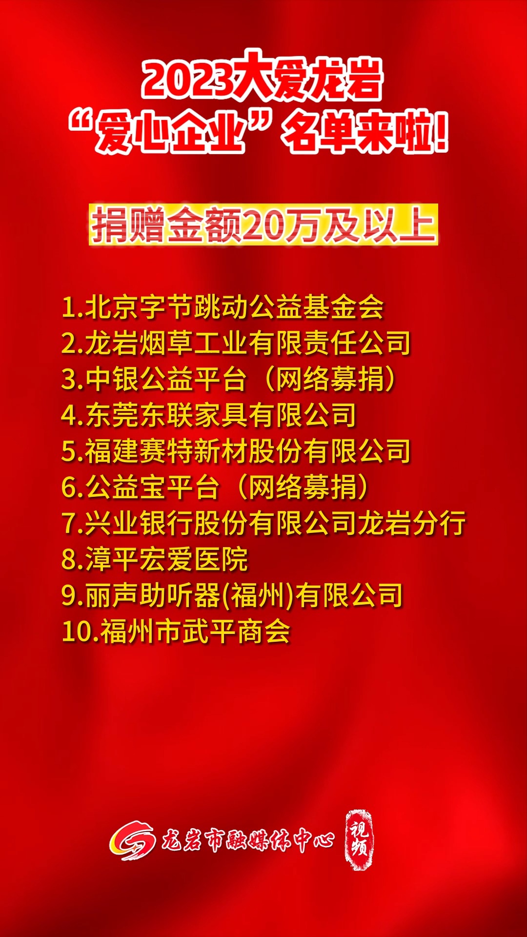 2023大爱龙岩“爱心企业”名单来啦!